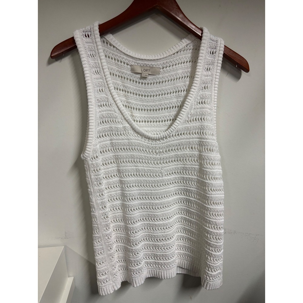 Loft White Pointelle Knit Tank Top Sleeveless Sweater Vest Scoop Neck Medium